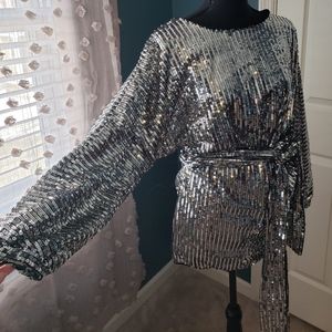 Fashion Nova Silver Sequin Long Sleeve Mini Dress